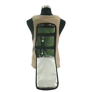 Beige UniVest ICE cooling system by CompCooler, back view on a mannequin with two green bladders and an open silver insulated pocket.