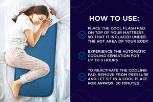 Blue cooling pad by Cool Care Technologies on a white bed with a sleeping woman and how-to-use instructions.