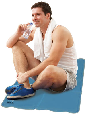 Blue cooling pad by Cool Care Technologies featuring CCT logo, with a smiling man sitting on it holding a water bottle.
