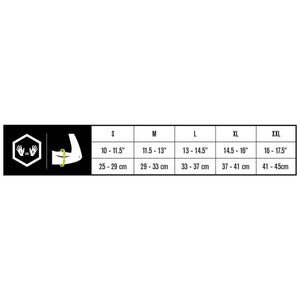 Elbow brace sizing chart by DonJoy, with measurements in inches and centimeters for sizes S to XXL, featuring hand and arm icons.