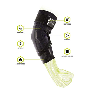 Black elbow brace by DonJoy, featuring labeled details like compression, ergonomic design, and perforated neoprene.
