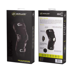 Black knee brace by DonJoy, visible on its retail packaging, which features close-ups and product details.