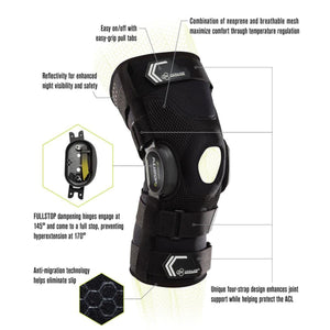 Black knee brace by DonJoy, featuring neoprene and mesh construction with visible hinges, straps, and reflective details.