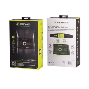 Hot/Cold Therapy Back Wrap by DonJoy, displayed in two dark product boxes with green and yellow accents, one front and one angled.