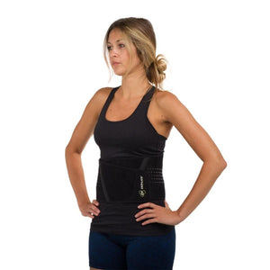Black back wrap by DonJoy with a gold/lime green logo and white dotted ventilation, worn by a woman in a black tank top.