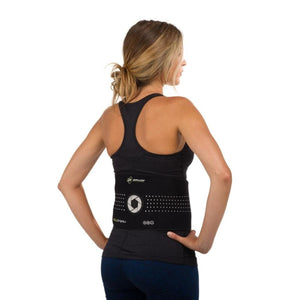 Black Coldform Back Wrap by DonJoy, worn from the back with a central circular logo and white dotted patterns.