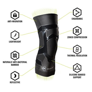 Black textured knee support brace by DonJoy, highlighting features like anti-migration, zoned compression, and thermal regulation with text and icons.