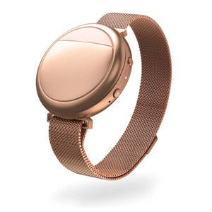 Rose gold Embr Wave 2 wearable device by Embr Wave, featuring a smooth round face and a metal mesh band.