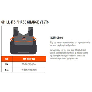 Grey and black Phase Change Cooling Vest by Chill-Its, shown flat with an orange measurement guide, sizing chart, and instructions.