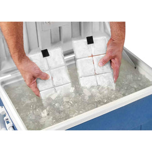 White segmented Phase Change Cooling Vest Packs (Set of 4) by Chill-Its, with two packs held by hands and placed into an ice-filled cooler.