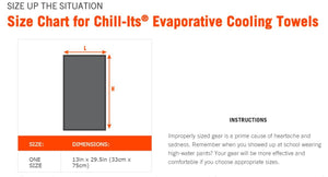 Grey rectangular cooling towel by Chill-Its, displayed with length and height measurements.