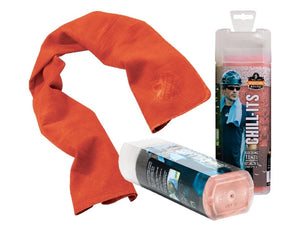 Orange instant cooling towel by Chill-Its, made of textured fabric, shown with two clear plastic containers, one with a worker graphic.