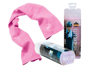 Pink, waffle-textured instant cooling towel by Chill-Its, draped next to a clear plastic storage tube with a product label.