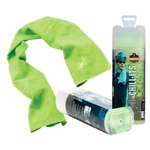 Green textured cooling towel by Chill-Its, displayed with its clear plastic bottle featuring a worker and product details.