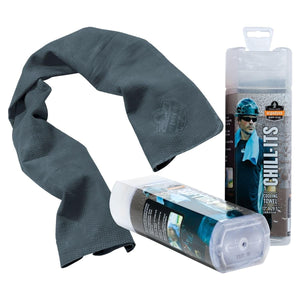 Dark gray textured instant cooling towel by Chill-Its, shown draped beside its clear branded plastic storage container.