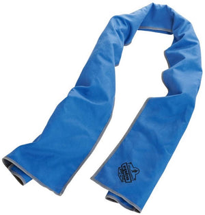 Blue microfiber cooling towel by Chill-Its in a continuous loop, with gray stitching and a black logo label.