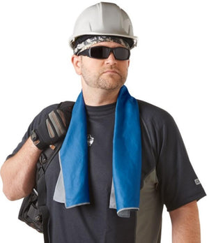Blue microfiber cooling towel by Chill-Its draped around a construction worker's neck, with light gray reverse side.