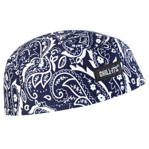Navy blue and white paisley cooling cap by Chill-Its, featuring a small black brand label.
