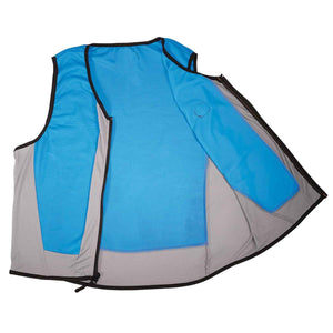 Blue and gray evaporative cooling vest by Chill-Its, shown open revealing blue cooling panels and gray mesh exterior with black zipper.