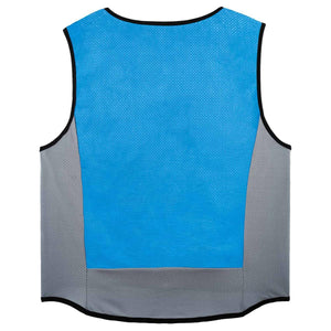 Wet Evaporative PVA Cooling Vest by Chill-Its, with a blue hexagonal mesh back and gray dotted mesh side panels, seen from the back.