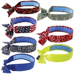 Various patterned cooling bandanas by Chill-Its, including flame, flag, camo, paisley, and solid designs, each tied.