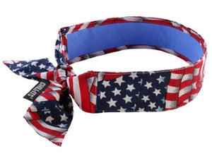 American flag pattern evaporative cooling bandana by Chill-Its, featuring a blue lining and a tied knot with a brand tag.