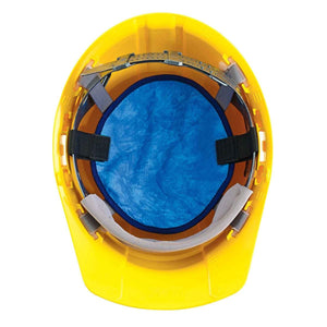 Blue evaporative cooling hard hat pad by Chill-Its, featuring a textured surface, shown inside a yellow hard hat.