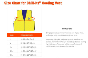 Yellow evaporative cooling vest by Chill-Its with a diamond pattern, displayed on a size chart including measurement instructions.