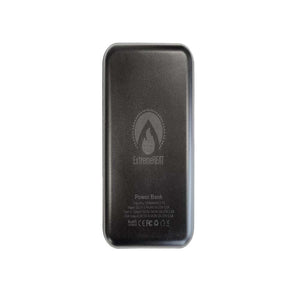 Black 10000mAh power bank by ExtremeMIST with ExtremeHEAT logo and product specifications visible on the textured back.