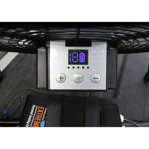 White control panel of a portable misting fan by ExtremeMIST, displaying "180" and battery level with plus/minus/on-off buttons, on a black cooling system.