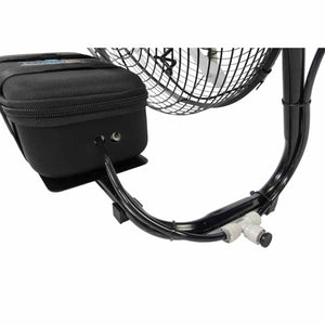 Black portable misting fan by ExtremeMIST, showing a fabric pump pouch, tubing, quick-connect fittings, and fan grill.