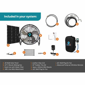 Black portable misting fan by ExtremeMIST, with a solar panel, coiled mist lines, and pump with remote.