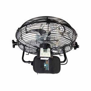 Black portable misting fan Pro by ExtremeMIST, with silver blades, green digital display, and an attached black pouch, shown from above.
