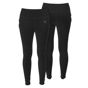 Black women's baselayer heated pant by Mobile Warming, with high waist, contrast stitching, and small logo on the hip, one front and one partial back view.