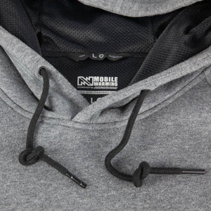 Gray men's hoodie by Mobile Warming with black drawstrings, knotted ties, metallic tips, and a black mesh-lined hood.