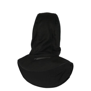 Black heated unisex balaclava by Mobile Warming, shown from the back with a small zippered pocket.