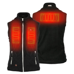 Black fleece Women's Trek Heated Vest by Mobile Warming, displaying glowing red heating elements on both front and back views.