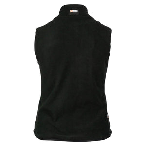 Black Women's Heated Vest by Mobile Warming with a stand-up collar and a small N Mobile Training logo on the back, shown from the back view.