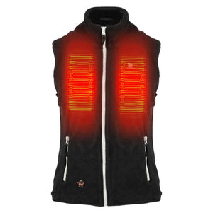 Black fleece Women's Trek Heated Vest by Mobile Warming featuring glowing red chest heating elements, white zipper, and power button.