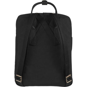 Black backpack by FjallRaven, shown from the back with two shoulder straps, a top handle, and golden buckles.