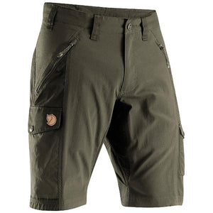 Dark green men's hiking shorts by FjallRaven, featuring zippered hand pockets and a fox logo on the left cargo pocket.