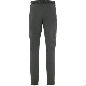 Dark grey men's stretch trousers by FjallRaven with elasticated waist, knee seams, and a small logo patch on the thigh.