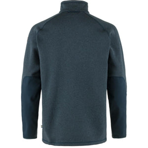 Dark blue men's Ovik fleece half-zip jacket by FjallRaven, with raglan sleeves, smooth dark elbow patches, high collar, back view.