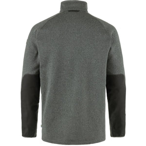 Men's gray fleece half-zip jacket by FjallRaven, with dark lower sleeves, high collar, and small flag detail, back view.