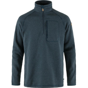Dark blue fleece half-zip jacket by FjallRaven with a stand-up collar and a vertical zippered chest pocket.