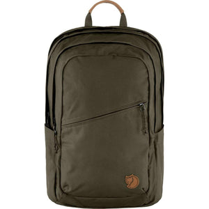 Olive green 28-liter backpack by FjallRaven with a leather top handle, zippered pockets, and a fox logo.