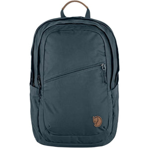 Dark blue/grey hardwearing 28 Litre backpack by FjallRaven, featuring a brown leather handle and fox logo.