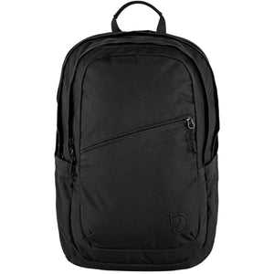Black 28 litre backpack by FjallRaven with a diagonal front zipper pocket and discreet fox logo.