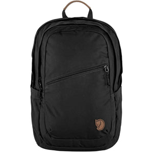 Black fabric backpack by FjallRaven with a brown handle, a diagonal zippered pocket, and a fox logo.