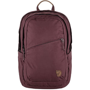 Plum hardwearing backpack by FjallRaven, with diagonal front pocket, brown top handle, and fox logo.